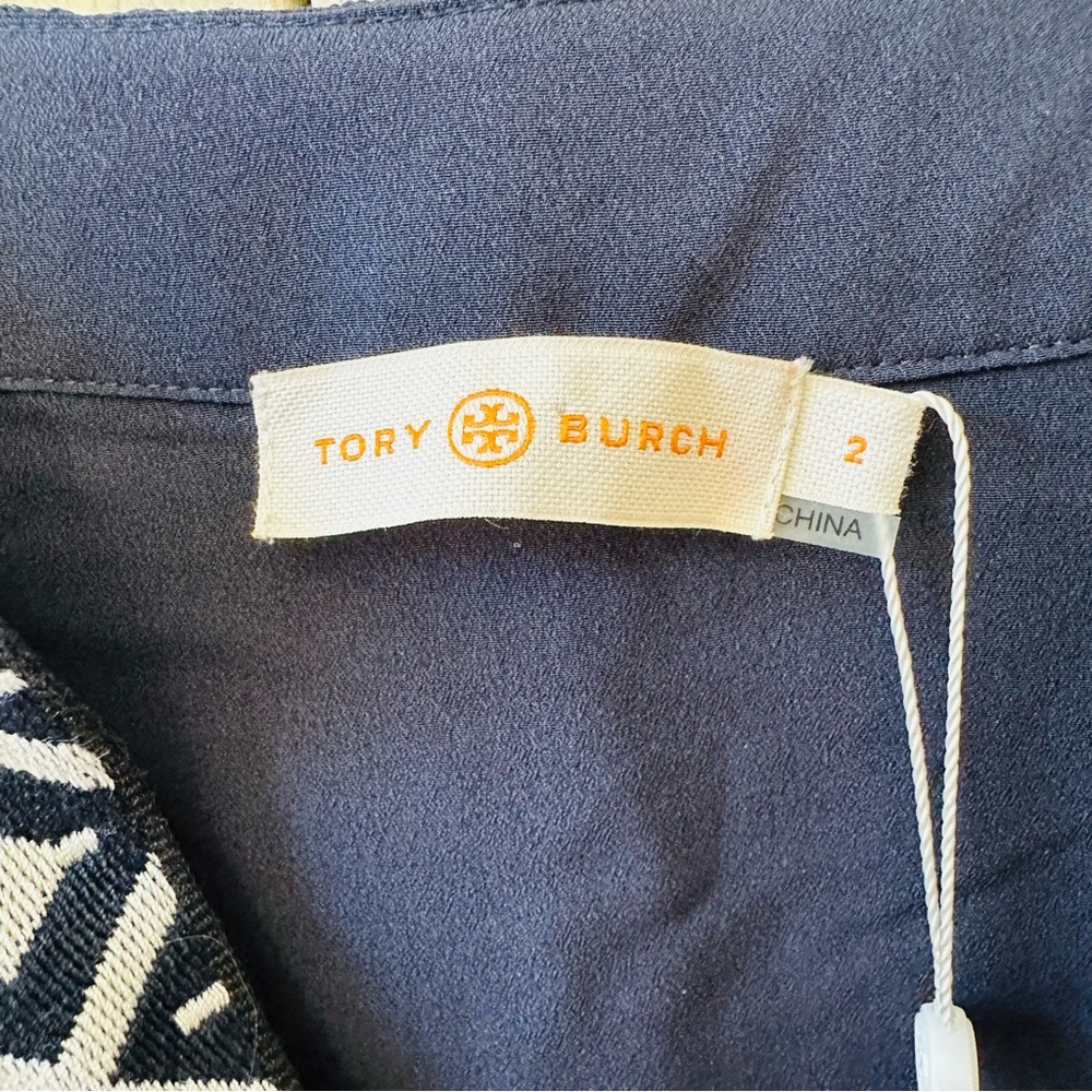 Tory Burch Embroidered Long Sleeve Tunic Top Navy Blue White Womens Size 2 - Picture 8 of 9